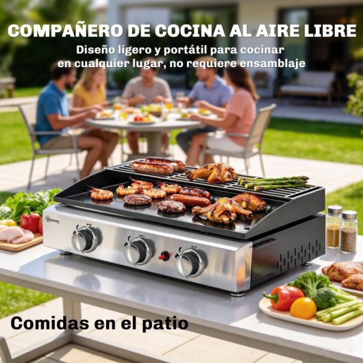 Outsunny Barbacoa De Gas Con 3 Quemadores 7,5 Kw Plancha Rejilla Calentadora