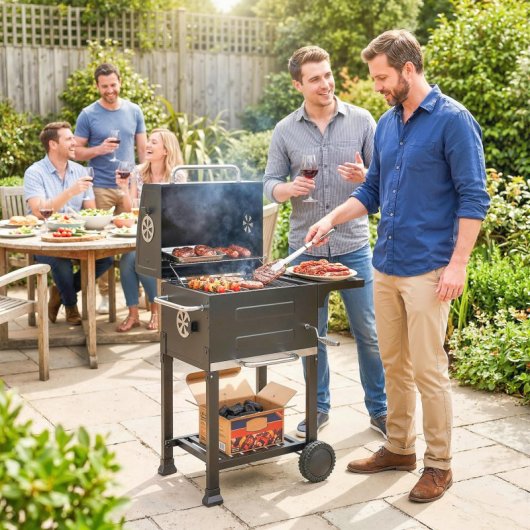 Outsunny Barbacoa De Carbón Con Termómetro Parrilla De Acero Estante Y Ruedas