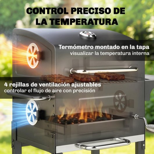 Outsunny Barbacoa De Carbón Con Termómetro Parrilla De Acero Estante Y Ruedas