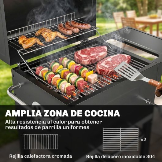 Outsunny Barbacoa De Carbón Con Termómetro Parrilla De Acero Estante Y Ruedas