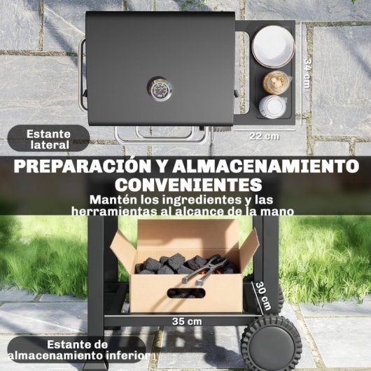 Outsunny Barbacoa De Carbón Con Termómetro Parrilla De Acero Estante Y Ruedas