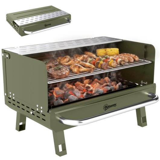 Outsunny Barbacoa De Carbón Plegable Con Rejilla Ajustable 52x37x31,8 Cm Verde