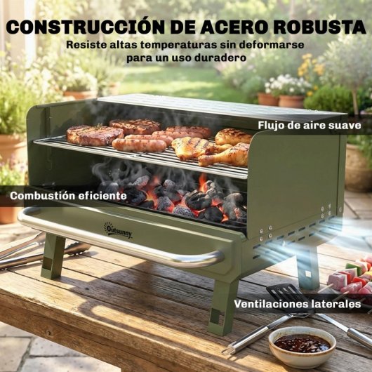 Outsunny Barbacoa De Carbón Plegable Con Rejilla Ajustable 52x37x31,8 Cm Verde