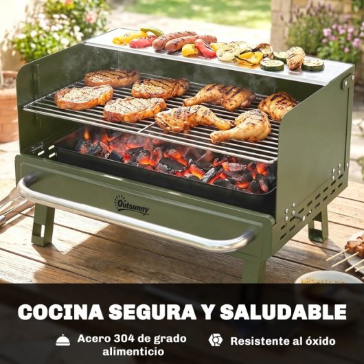 Outsunny Barbacoa De Carbón Plegable Con Rejilla Ajustable 52x37x31,8 Cm Verde