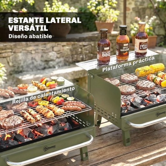 Outsunny Barbacoa De Carbón Plegable Con Rejilla Ajustable 52x37x31,8 Cm Verde