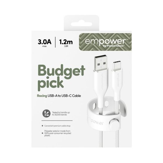Cable USB PanzerGlass empower Racing 60W USB-A a USB-C 1.2M Blanco