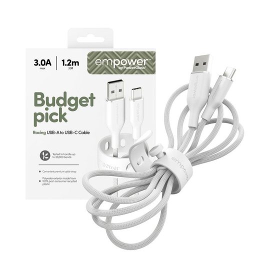 Cable USB PanzerGlass empower Racing 60W USB-A a USB-C 1.2M Blanco