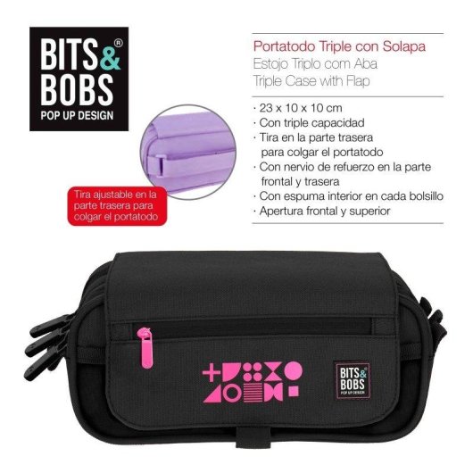 Estuche Portatodo Triple Grafoplás Bits and Bobs Fluor Fucsia