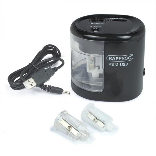 Sacapuntas eléctrico Rapesco PS12-USB Negro/Transparente Batería/USB