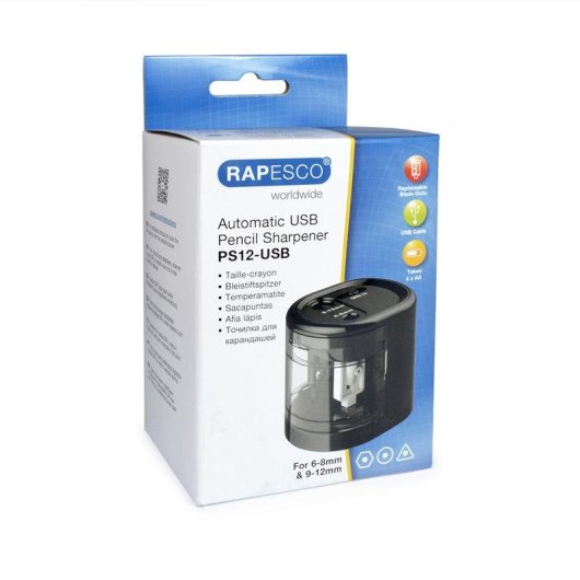 Sacapuntas eléctrico Rapesco PS12-USB Negro/Transparente Batería/USB