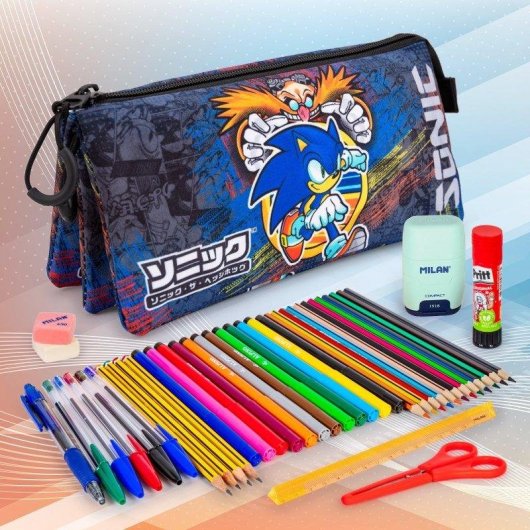 Estuche Triple de 2 Cremalleras Karactermania Sonic Portatodo Escolar
