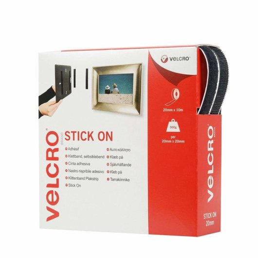 Cinta de Velcro VEL-EC60220 Autoadhesiva Negra 20 mm x 10 m