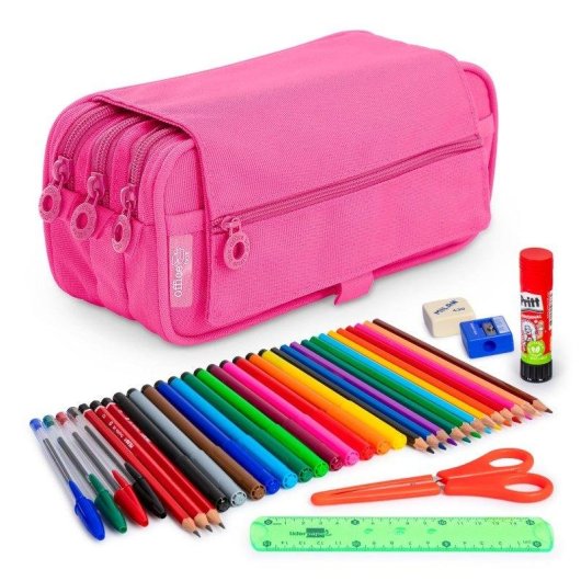 Estuche Triple de 3 Cremalleras Officebox Colepack Eco Material Escolar Incluido Fuscia