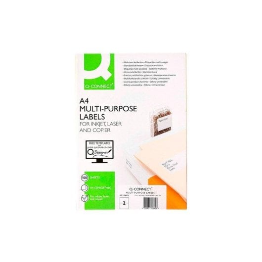 Etiquetas Adhesivas Q-Connect A4 2 Etiquetas x Hoja 100 Hojas Caja