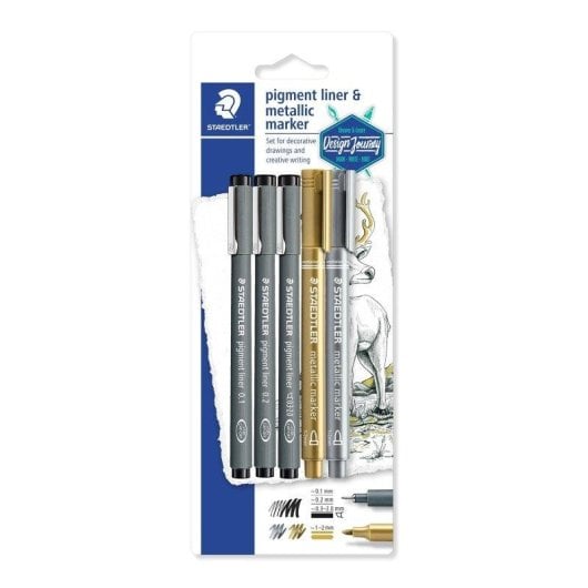 Staedtler Fineliner - Set de escrita criativa com 3 marcadores Pigment Liner e 2 marcadores metálicos