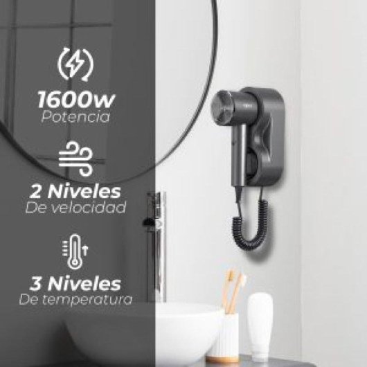 Secador de Pelo de Hotel Grunkel PEARLRESORT 1600W 3 Temperaturas 2 Velocidades Soporte Mural Blanco