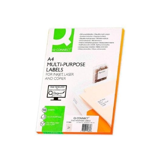Caja Etiquetas Adhesivas Q-Connect 100 Hojas Din A4 24 Etiquetas 70x37 mm