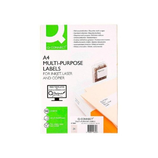 Caja Etiquetas Adhesivas Q-Connect 100 Hojas Din A4 24 Etiquetas 70x37 mm
