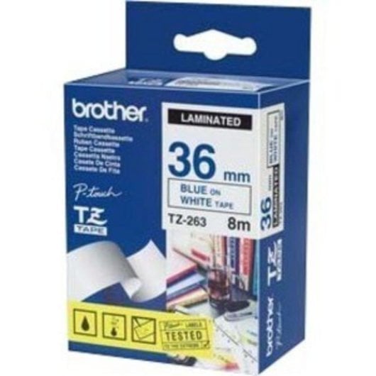 Cintas pour imprimante d'étiquettes Brother TZE-263 Bleu sur blanc 3,6 cm x 8 m