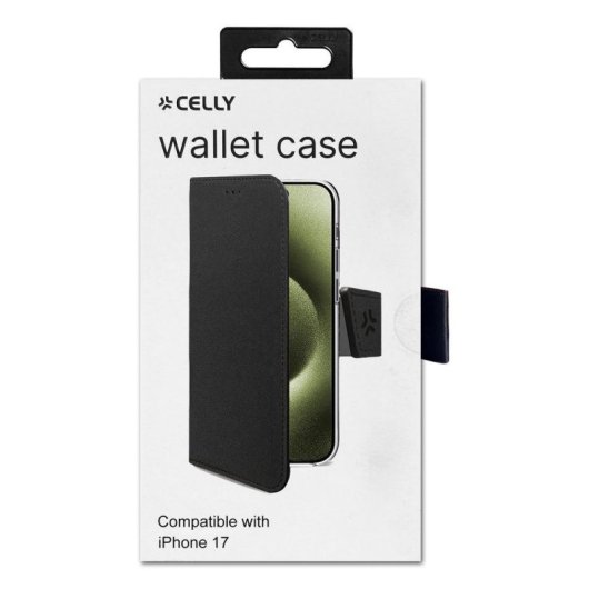 Funda para móvil Celly WALLY portefeuille cuir synthétique noir avec support pour iPhone 17