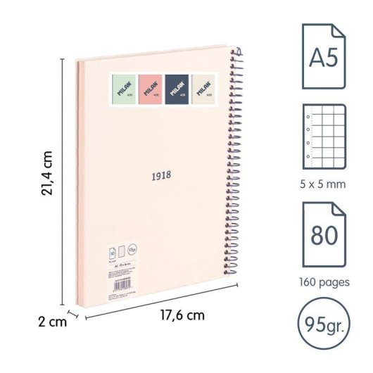 Cuaderno A5 Espiral Tapa Dura Milan 430 Cuadriculado 80 Hojas 95gr Beige