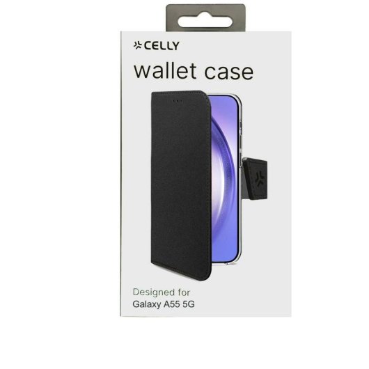 Funda para móvil Celly WALLY1064 cartera en piel sintética negra con soporte para Galaxy A55 5G