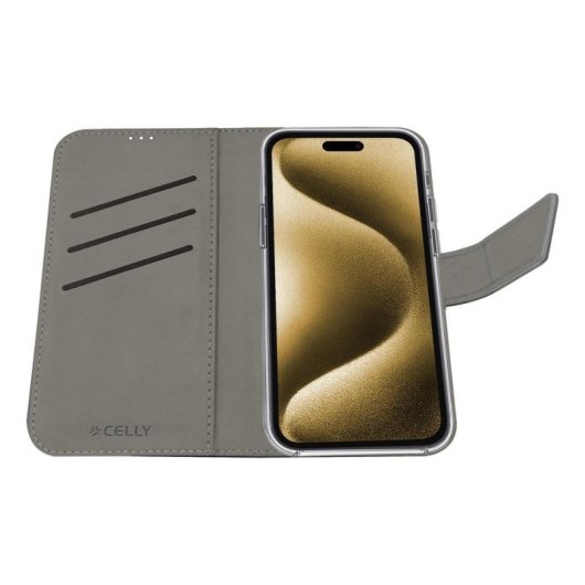 Funda para móvil Celly WALLY1080 cartera piel sintética negra con soporte para iPhone 16 Plus