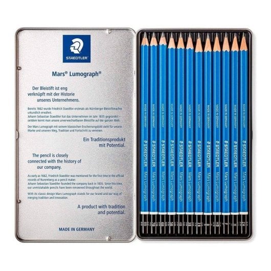 Staedtler Mars Lumograph - Caixa Metálica com 12 Lápis de Desenho Premium