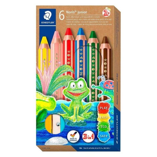 Staedtler Noris Junior - Lot de 6 crayons de couleur 3 en 1 extra-épais avec taille-crayon offert