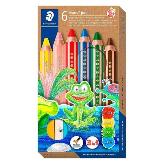 Staedtler Noris Junior - Lot de 6 crayons de couleur 3 en 1 extra-épais avec taille-crayon offert
