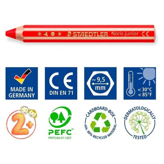 Staedtler Noris Junior - Lot de 6 crayons de couleur 3 en 1 extra-épais avec taille-crayon offert