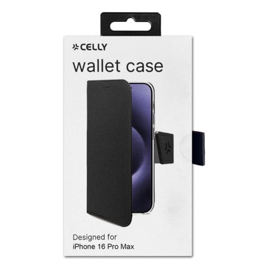 Funda para móvil Celly WALLY1081 portefeuille cuir synthétique noir avec support pour iPhone 16 Pro Max