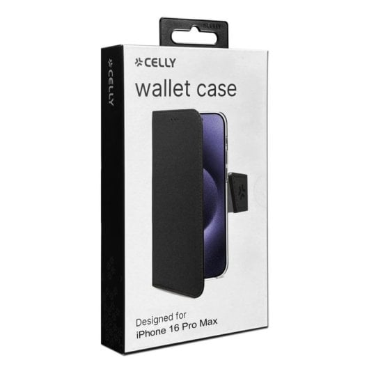 Funda para móvil Celly WALLY1081 portefeuille cuir synthétique noir avec support pour iPhone 16 Pro Max