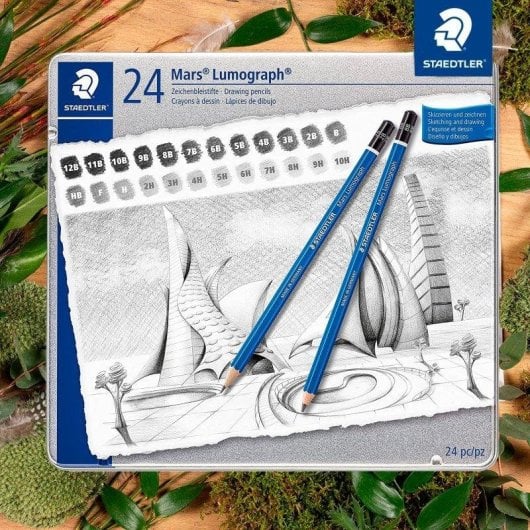 Staedtler Mars Lumograph - Caixa Metálica com 24 Lápis de Desenho Premium
