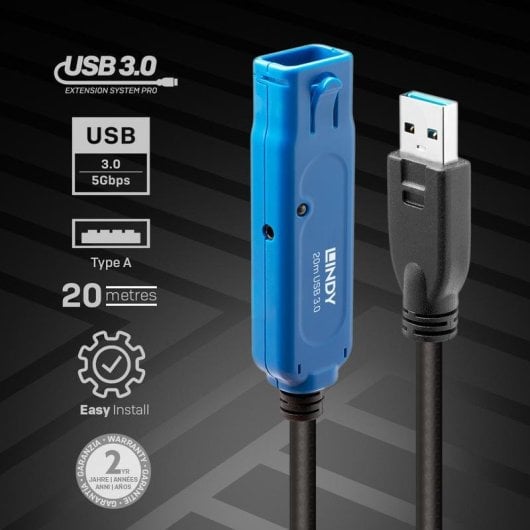 Cable USB 3.2 Gen 1 Lindy 20 m Negro Extensión Activa