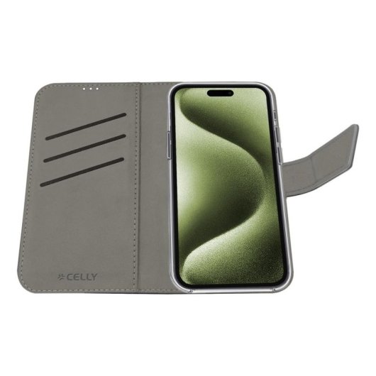 Funda para móvil Celly WALLY1078 cartera piel sintética negra con soporte para iPhone 16