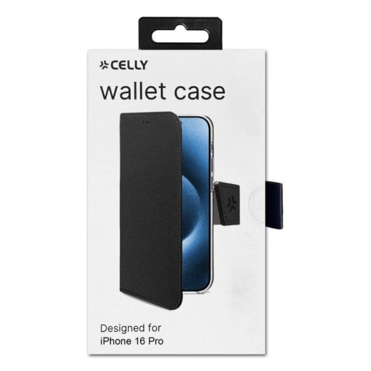 Funda para móvil Celly WALLY1079 portefeuille cuir synthétique noir avec support pour iPhone 16 Pro