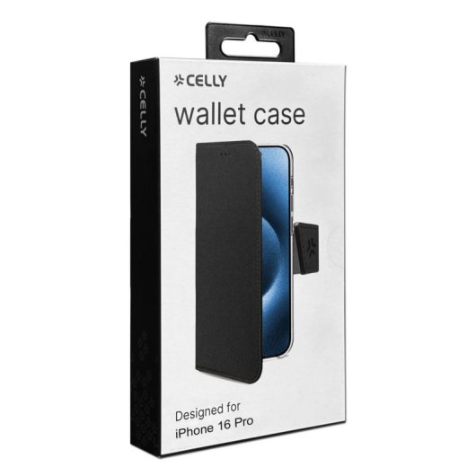 Funda para móvil Celly WALLY1079 portefeuille cuir synthétique noir avec support pour iPhone 16 Pro