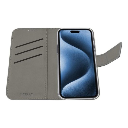 Funda para móvil Celly WALLY1079 portefeuille cuir synthétique noir avec support pour iPhone 16 Pro
