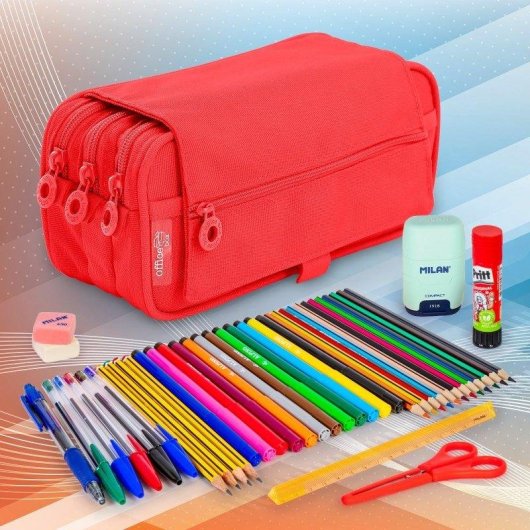 Astuccio Triplo Officebox Rosso Corallo con Materiale Scolastico Incluso