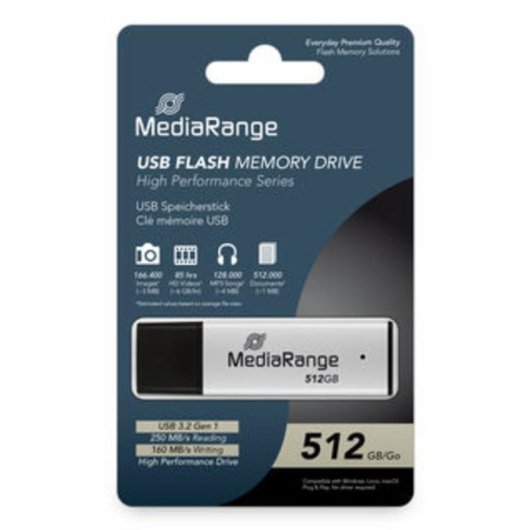 Memoria USB MediaRange MR1904 512 GB USB-A 3.2 Gen 1 250 MB/s negra y plata