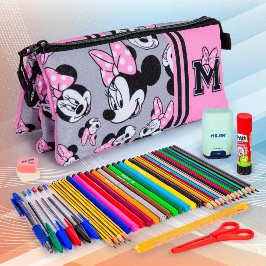 Estuche Escolar Triple Karactermania Minnie Portatodo con 40 Utensilios