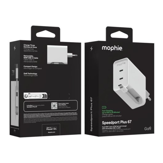 Cargador Mophie Speedport 67 Interior 2 Puertos USB-C GaN 67W Blanco