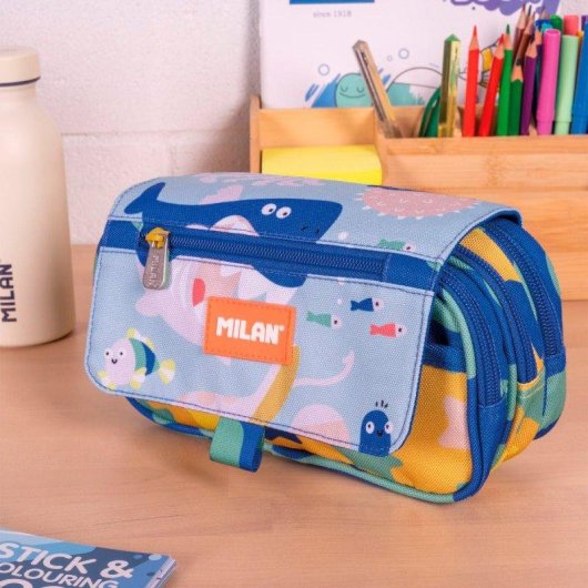 Estuche Triple Milan Blue Odyssey con Material Escolar Incluido