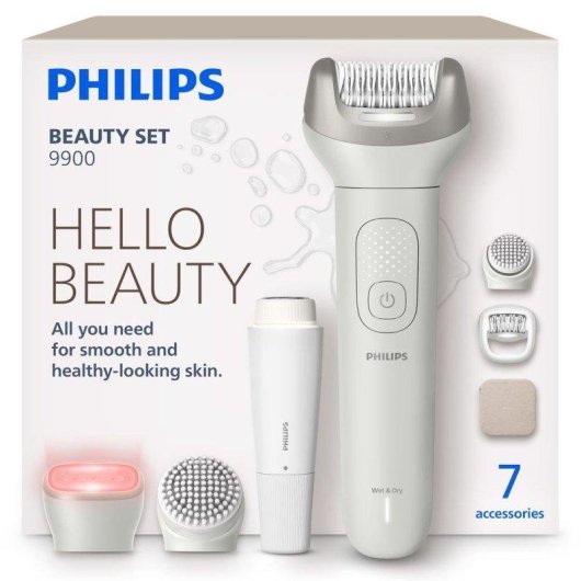Depiladora Elétrica Philips Beauty Set 9900 BRE738/00 sem Fios 2 Velocidades 7 Cabeças Seco e Húmido