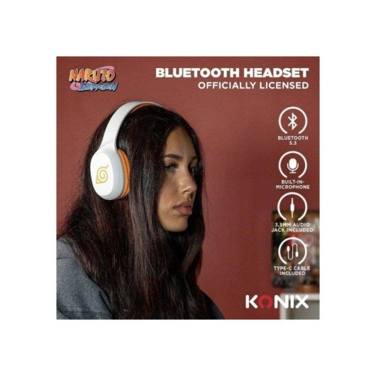 Auriculares Konix Naruto inalámbricos Bluetooth 5.3 gaming con micrófono y cable 3,5 mm naranja y blanco