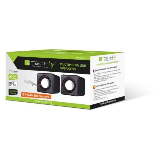 Colunas Techly com fio 3W USB e jack 3,5 mm pretas