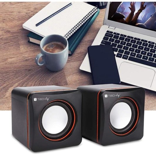 Colunas Techly com fio 3W USB e jack 3,5 mm pretas