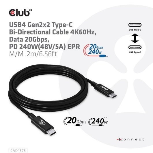Cable USB-C Club 3D CAC-1575 2 m USB4 Gen 2x2 20 Gbit/s Negro
