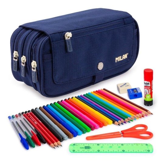 Astuccio Triplo Milan 1918 Blu con Materiale Scolastico Incluso, 4 Cerniere